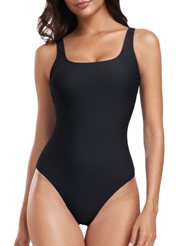 Deriwone One Piece Swimsuit Tummy Control Swimming Costume Retro Scoop Back Swimwear Padded Bathing Suits M,Black