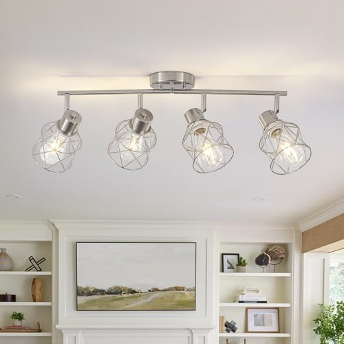 Image of BUXVRCS Adjustable Multi-Directional Brushed Nickel Light Fixtures, Semi Flush Mount Ceiling Light, Kitchen Light Fixtures Ceiling Mount, Geometric Metal Cage Industrial Spotlight Fixtures