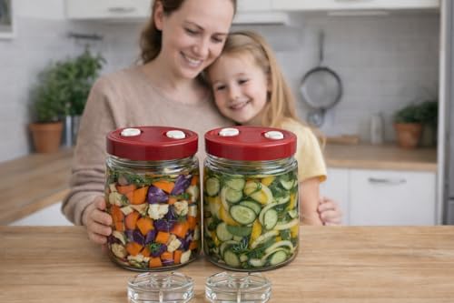 Foto von GREEN WISE GÄRMEISTER Fermentierglas Set 2er – je 1,4 L mit Gärventil & Deckel – inkl. 2 Fermentiergewichte + 7-teiliger Videokurs – Einmachgläser Fermentieren von Gemüse, Sauerkraut & Kimchi –