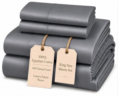 Image of 100% Cotton King Size Sheets Set, 4 Piece Sheet & Pillowcase Sets -Charcoal | 800 Thread Count, Sateen Weave, Hotel Luxury King Sheet Set, 15 inch Deep Pocket, Buttery Soft, Cool & Breathable Cotton Sheets