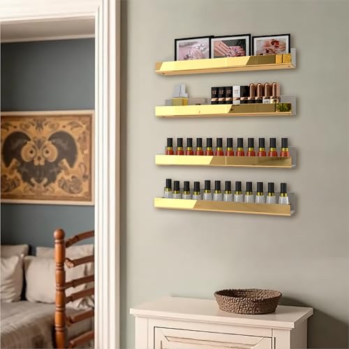 Image of 4 Pack 15 Inch Gold Reflective Acrylic Shelves, Gold Foating Shelves, Modern Sunglasses Essential Oil Picture Ledge Display Toy Storage Shelf