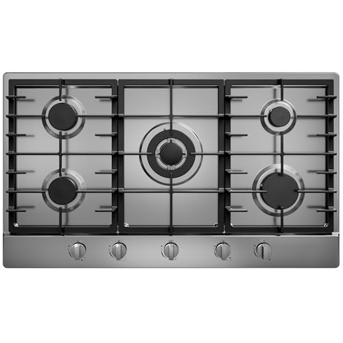 Placa de cocina de gas de 36 pulgadas con 5 quemadores sellados, estufa integrada de acero inoxidable, convertible NG/LPG, rejillas de hierro fundido aptas para lavavajillas, 38 K BTU