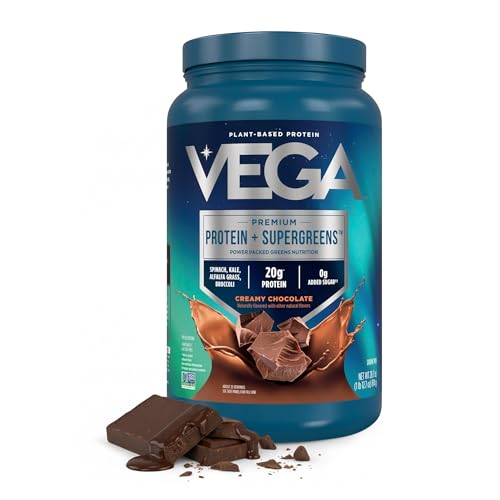 Vega Protein + Supergreens - 20g Plant-Based Protein, Chocolate, 25 Servings, Real Greens & Veggies, Vegan Keto, 0g Added Sugar, Non-GMO, Gluten Free, Dairy Free, 1.8lbs (Packaging May Vary)
