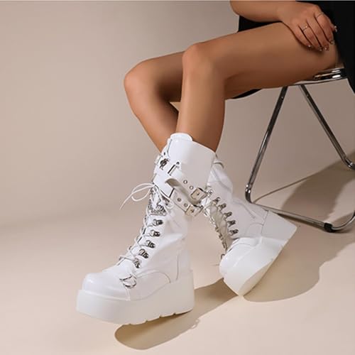 Womens Platform Mid Calf Boots Goth Punk Combat Wedges Chunky High Heel booties with Lace up Side Zip Winter Boots3