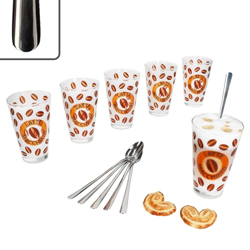 MamboCat Set di 12 bicchieri cremona latte macchiato arancione & Style Art Latte Macchiato cucchiaio L19 cm I per 6 persone, effetto vetro smerigliato con chicchi di caffè, design morbido e