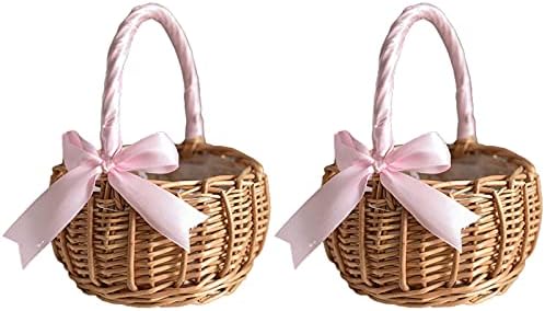 2pcs Wicker Rattan Flower Basket Wedding Flower Girl Baskets Willow Basket with Ribbon Easter Gift Cookie Basket Woven Wedding Candy Bins for Home Garden Decor