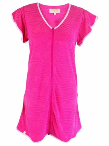 Simply Southern Women's Terry Zip-Front Coverup Dress, Short Sleeve V-Neck, Available in Navy and Hot Pink
