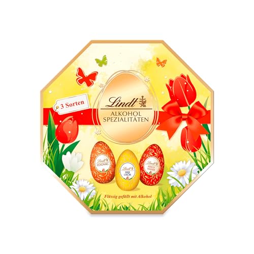 Lindt Schokolade Alkohol-Spezialitäten Eier| 144 g | Vollmilch-Eier mit flüssiger alkoholischer Füllung (Cognac, Eierlikör-Eier, Kirschwasser) | Oster Schokolade | Schokoladengeschenk | Ostereier
