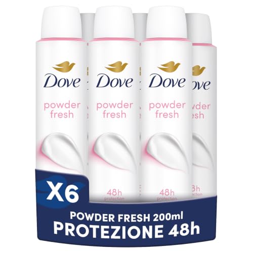 Dove Deodorante Spray Base Care Powder, Antitraspirante, Profumo Talco, Protezione Fino a 48 Ore, Formula Delicata con 1/4 di Crema Idratante, Uomo e Donna, Senza Alcol, 6x200ml