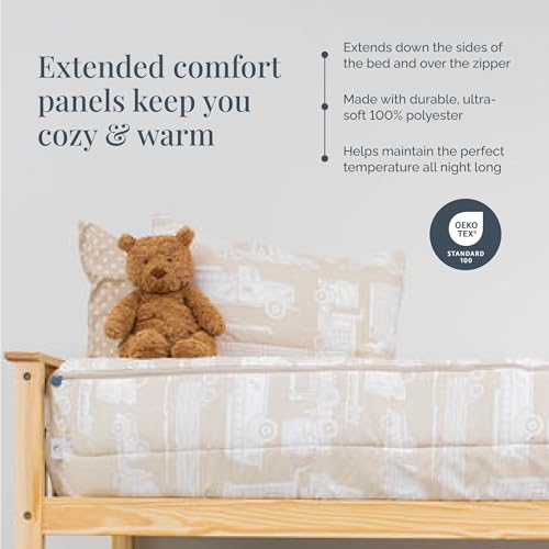 Image of Beddy's Mack Trucks Theme Durable Zipper Bedding for Kids - Bed in a Bag - Tan Sheets & Comforter with Construction Trucks & Cars - Includes 2 Pillowcases & 2 Shams - Easy to Make & Wash - Full