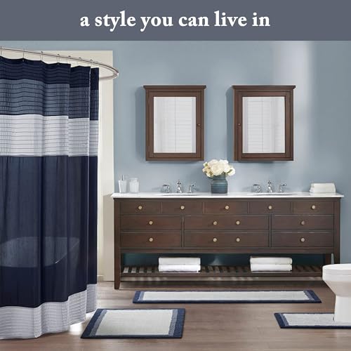 Image of Madison Park Amherst Bathroom Shower Curtain Faux Silk Pieced Striped Modern Microfiber Bath Curtains, 72x84 Inches, Navy