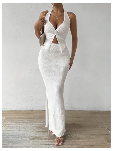 Image of SOLY HUX Women's Two Piece Outfits Twist Front Halter Cami Tops and Skirt Summer Set