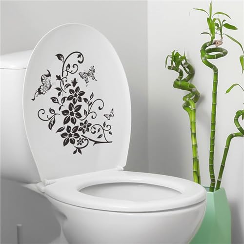 Sluswallow Black Flowers Butterfly Bathroom Toilet Seat Lid Cover Decals Stickers Pvc Sticker Removable Self-Adhesive Restroom Decor Art Decoration Toilet Lid Decals thumb #3