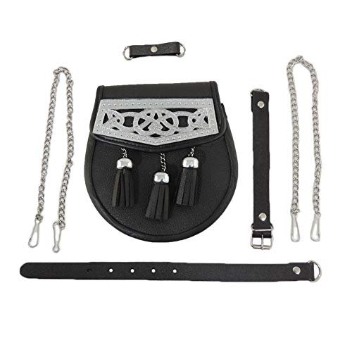 SZCO Supplies Black Leather Scottish Kilt Sporran Laced Trim with Embellishments