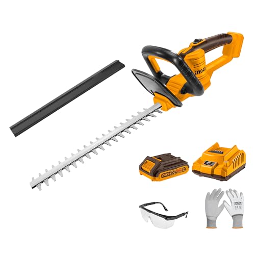Image of INGCO 20V Cordless Hedge Trimmer - 460mm Laser-Cut Blade, 2800 SPM, Cuts 18mm Branches, Includes 2.0Ah Battery, Charger, Safety Goggles & Gloves - Lightweight Electric Shrub Trimmer