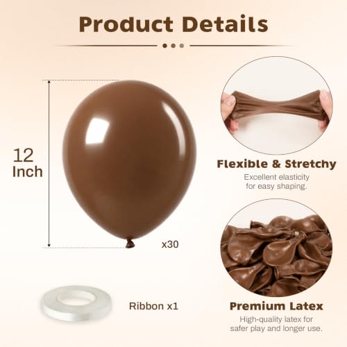 Image of Brown Balloons, 12 Inch Dark Coffee Neutral Latex Party Balloon 30 Pack | For Bear Baby Shower, Boho Birthday, Wedding, Western Party, Woodland Decor Neutral Balloon Arch Garlands.