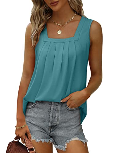 Image of Saloogoe Summer Tank Tops for Women Loose Fit Pleated Square Neck Sleeveless Tops Curved Hem Flowy