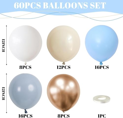 Image of Dusty Blue and Gold Balloons 60 Pcs, 12 Inch Dusty Baby Blue Chrome Gold Balloon Cream Sand White Balloon for Boy Baby Shower Decorations Bridal Shower Gender Reveal Boho Birthday Party Supplies