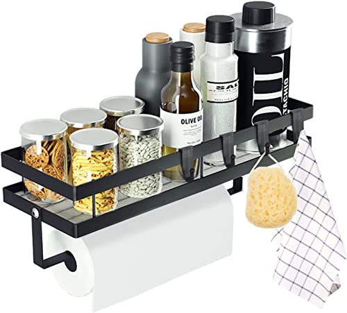 Spice Rack Organizer Wall Mounted with Paper Towel Holder, Bathroom Shelves Storage Shelves, Sturdy Hanging Organizer with 4 Detachable Hooks for Kitchen and Bathroom (black)