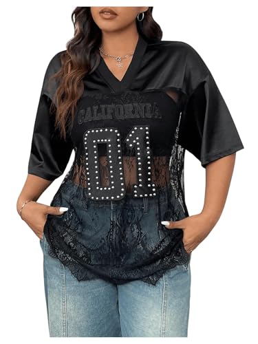 Milumia Women's Plus Size Letter Print Lace Sheer Mesh Jersey Shirt Half Sleeve V Neck Oversized Tee Top