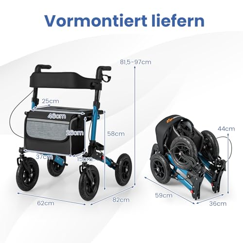 COSTWAY Chodzik z oponami pneumatycznymi, składany i lekki, z siedziskiem, aluminium, do 140 kg, wózek inwalidzki i solator podróżny 2 w 1, pomoc w chodzeniu z 7-stopniową regulacją wysokości, wózek z