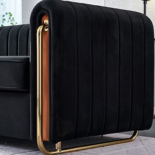 Image of KEIKI 84 inch Velvet Deep Channel Tufted Sofa with Back Cushions and Rolled Arms, Modern Style 3-Seater Couch with Golden Polished Steel Legs, Easy Assembly, for Living Room, Bedroom, Office, Black