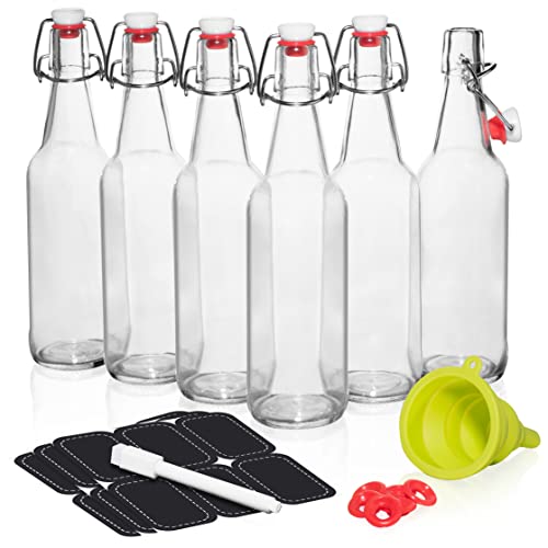 Image of WILLDAN Set of 6-16oz Swing Top Glass Bottles - Flip Top Brewing Bottles For Kombucha, Kefir, Vanilla Extract, Beer - Airtight Caps and Leak Proof Lids, Bonus Gaskets and Funnel