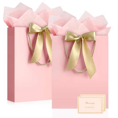 Image of JMANNI Gift Bag, 2PCS Gift Bags Large with Ribbon and 2 Greeting Cards 4 Tissue Paper, Portable Paper Gift Bag with Handles, Birthday Gift Bags,Present Bags for Wedding Party Mothers Day(PurePink)