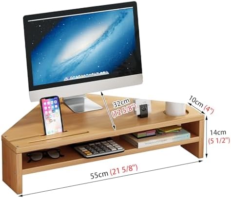 Corner Monitor Stand - Double-Layer Wood Triangle Riser for Office - Universal Computer Screen Holder with Storage - Elevate Your Workspace & Maximize Desk Space