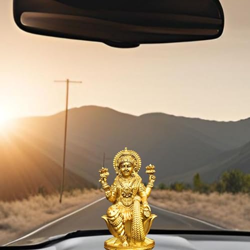 Image of Goddess Lakshmi Laxmi Devi MATA Idol - 4.5 Inches Polystone Material Murti - Colour - Brass, Silver - Perfect Statue for Car Dashboard, Home, and Office Decor Indian God Small Size (Brass)