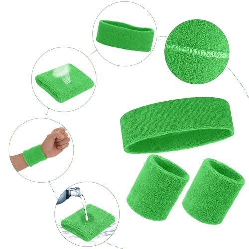 Image of Yolev 3Pieces Sweatband Set, Sports Headband and Wristbands, Set of 1 Headband and 2 Wristbands, for Athletic Men and Women, Black and Neon Green, One Size(Light Green)