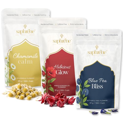 Image of Saphrene Butterfly Pea, Chamomile & Hibiscus- Herbal Tea Combo - 50g Each | Complete Wellness Ritual | Caffeine-Free | Weight Management, Calm & Skin Care Tea | Whole Dried Flowers | NABL Lab-Tested