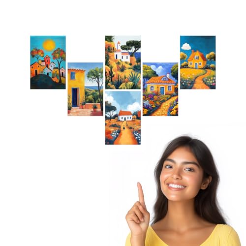 Image of SiddArtify Colorful House Wall Art Prints Set - Whimsical Landscape Poster Decor for Living Room Bedroom Office - Set of 2-4x6 Inch - Board (Pack of 6) - Sticker (Pack of 6)
