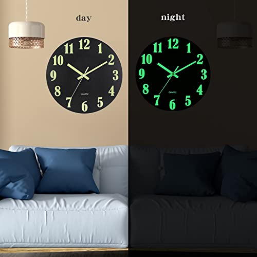 Image of HZDHCLH Luminous Wall Clock 12 Inch Silent Non Ticking Clock for Living Room Bedroom Kitchen Office(Luminous Black)