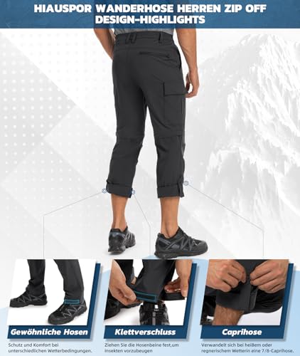 Hiauspor Wanderhose-Herren-Zip-Off-Outdoorhose-Sommer-Leicht-Trekkinghose-Atmungsaktiv-Schnell-Trockend-Funktionshose-Softshellhose-mit-5-Tiefe-Taschen (L, Dunkelgrau)