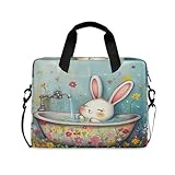 Maletín bandolera portátil con asa y correa para el hombro de 15.6 pulgadas, funda rígida con cremallera, estilo kawaii, bañera retro de conejo