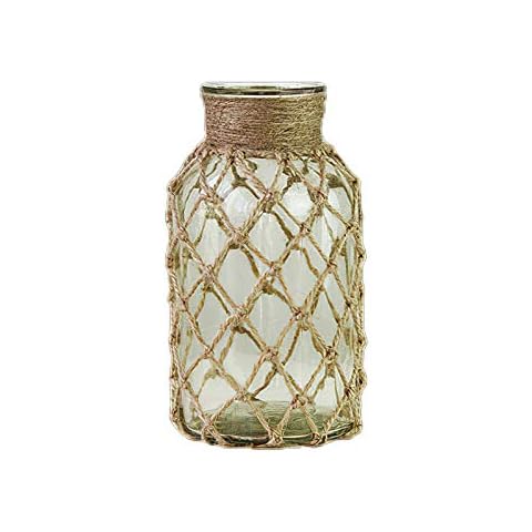rismart Rustic Glass Bottle Flower Vase with Rope Net Home Decoration Green 16.2 x 8.2 cm Cover
