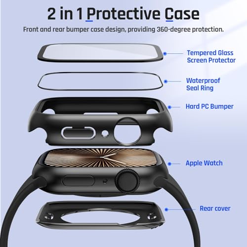 Image of VEMIGON Waterproof Case for Apple Watch Series 11 /10 46mm with Tempered Glass Screen Protector, Full Coverage Hard PC Bumper Back Frame, Protective Cover for iWatch - (S11 /S10-46mm Black)