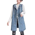 Women’s Casual Hooded Button Up Mid Long Sleeveless Denim Jean Vest Jacket www.denim.fit