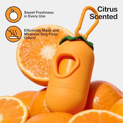 VETRESKA Dog Poop Bags Dispenser with Citrus Scented Waste Bags, Leak Proof, Extra Thick and Large Pet Poop Bags for Walking Dog, Cats Litter and Babies\' Diaper 1 Count Holder and 105 Bags, Orange