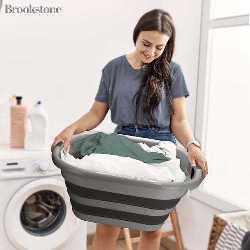 Image of BROOKSTONE Collapsible Laundry Basket Set, Modern Extra Large Collapsible Basket Set, Comfort Non-Slip Grip Handles, Minimalist Space Saving Design, Portable Pop-Up Hamper, BPA FREE, Dark Grey, 2 PACK