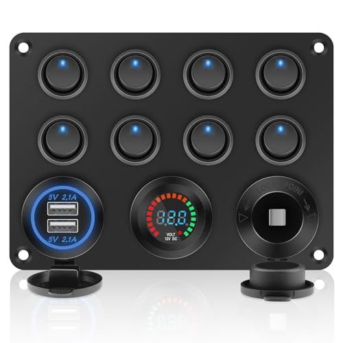 Geloo 8 Gang Wasserdichte Schalter Panel, 12V/24V Wippschalter Kippschalter Panel Blaue LED-Leuchten Dual USB-Ladegerät für Auto, LKW, Boote, Wohnmobil