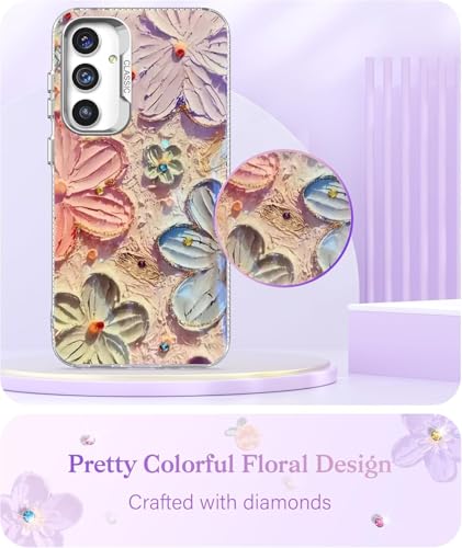 Image of Elzzi Compatible with Samsung S24 FE 5G Case Laser Flower Oil Painting Cute Colorful Blue Ray Bumper with Full Camera Protection Shockproof PC+TPU Glossy Shiny Cover for Girls Women, Pink