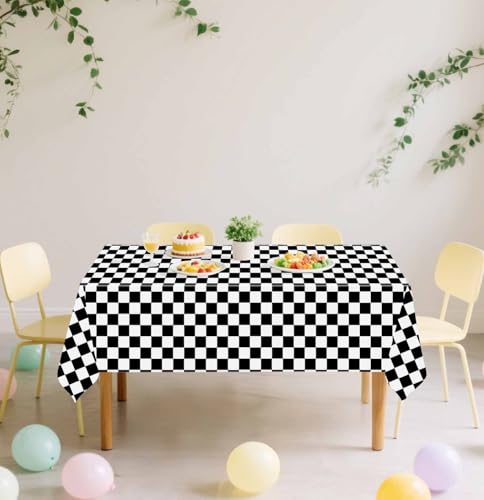 Image of SietDESEO 3 Pack Checkered Tablecloth Plastic Rectangle 54 x 108 Black and White Checkered Flag Table Cloth Disposable Plaid Table Cover for Race Car Birthday Baby Shower Picnic Party Supplies