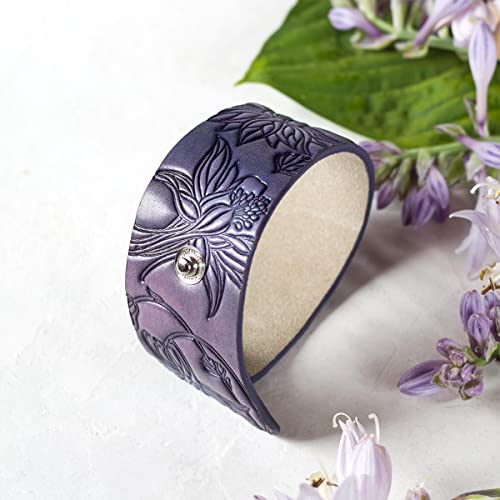 Lilac Blue Leather Cuff Bracelet, Handmade Bracelet For Women, Floral Pattern, Craft Bracelet With Snap Closure, Width 1 1/2 Inches #TOP2
