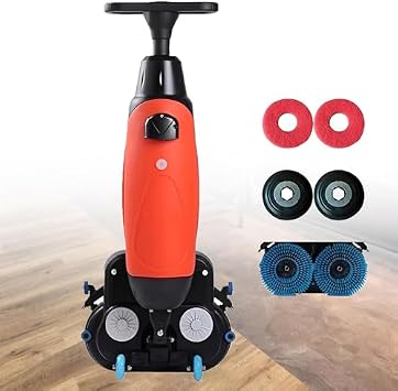 Commercial Floor Scrubber Machine, Walk-Behind Cleaning Equipment, 17" Wide, 90 Min Battery Life, 2-Hour Fast Charge, 360 RPM, Cleans 12,000 Sqft/H, Includes Red Clete Set
