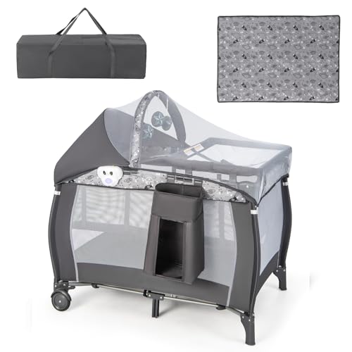 DREAMADE 102 x 72 cm Reisebett Faltbar, Beistellbett Baby mit Matratze & Rollen & Moskitonetz & Wickelauflage, 3 in 1 Babybett für Neugeborene & Kinder 0-36 Monate (Grau-Weltraum)