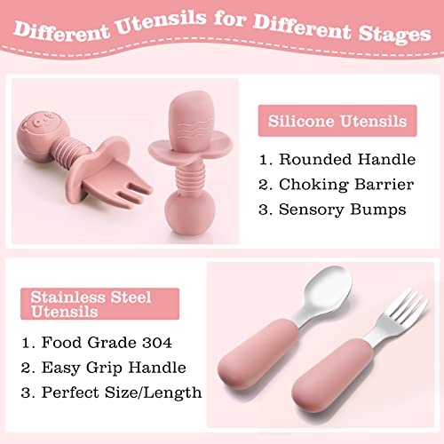 Silicone Baby Feeding Set, Baby Led Weaning Supplies With Suction Bowl Divided Plate, Toddler Self Feeding Dish Set With Spoons Forks Sippy Cup Adjustable Bib, Eating Utensils For 6+ Months(Pink) #TOP5