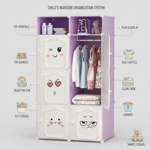 Image of EXVITO Collapsible Wardrobe Storage Cabinet | 6+2 Door Plastic Modular Clothes Organizer for Kids | Foldable Wardrobe Storage Rack with Hanging Space | Multi-Purpose Kids Closet Organizer - Purple