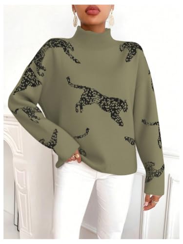 Image of WDIRARA Women's Leopard Tiger Print Sweater High Neck Long Sleeve Fuzzy Knitted Pullover Top